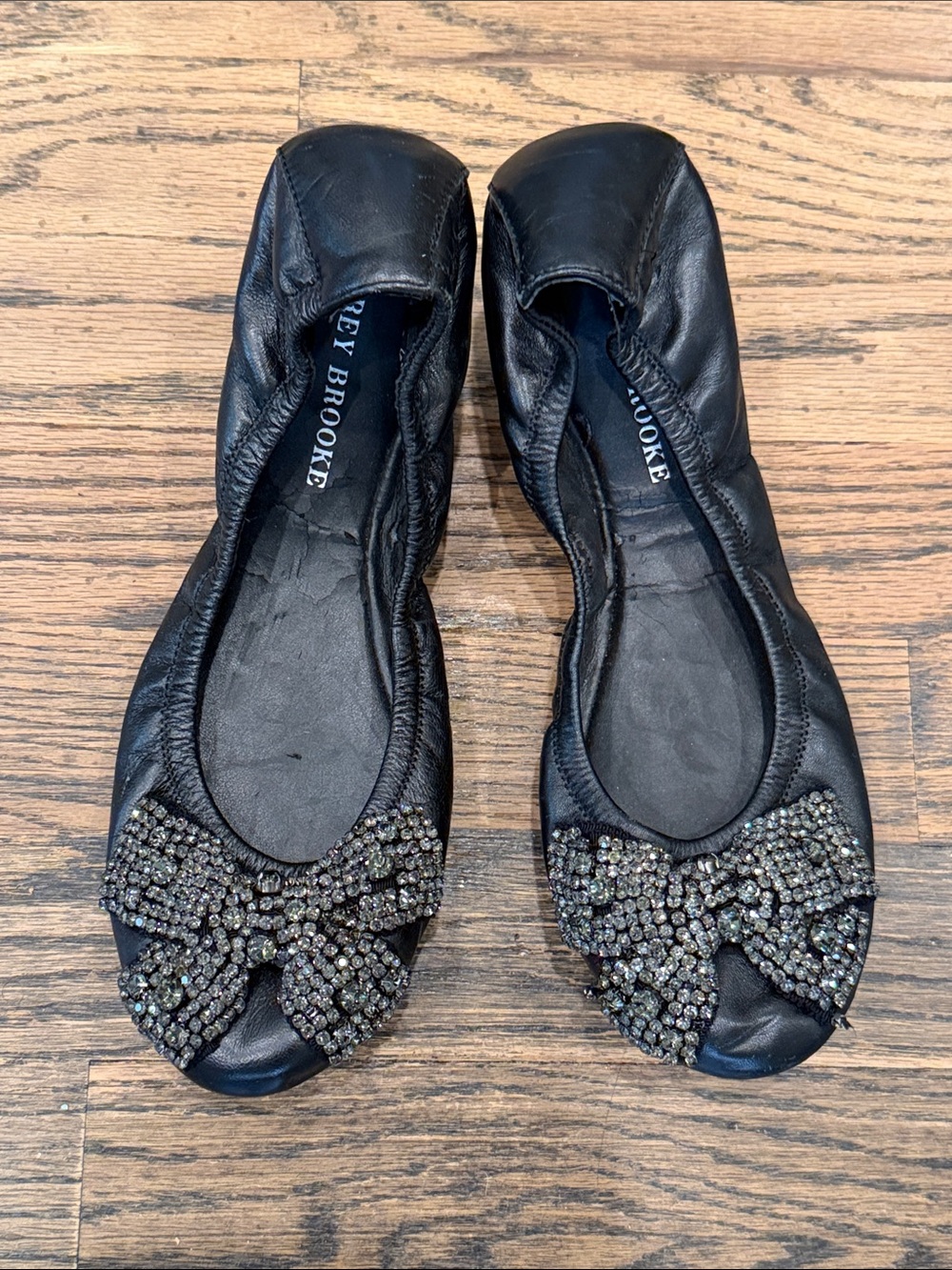 Audrey Brooke Black Ballet Flats with Rhinestone Bow Accents